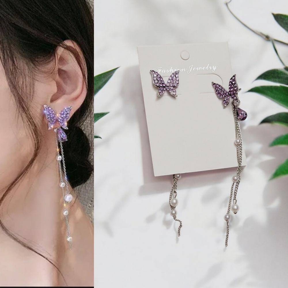 Custom/fashion earrings Butterfly 🦋 drop with pearls earrings in Silver-purple